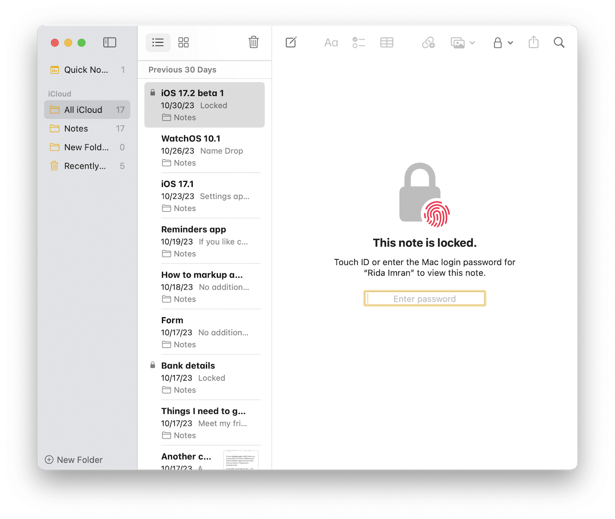 Lock notes- Notes app - iOS 17